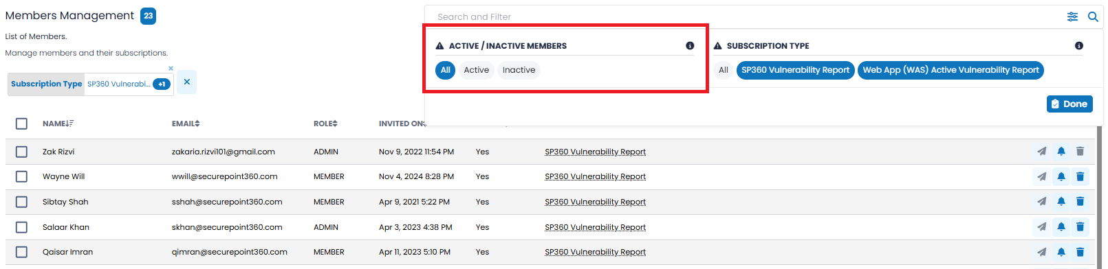 Active/Inactive Filter Screenshot
